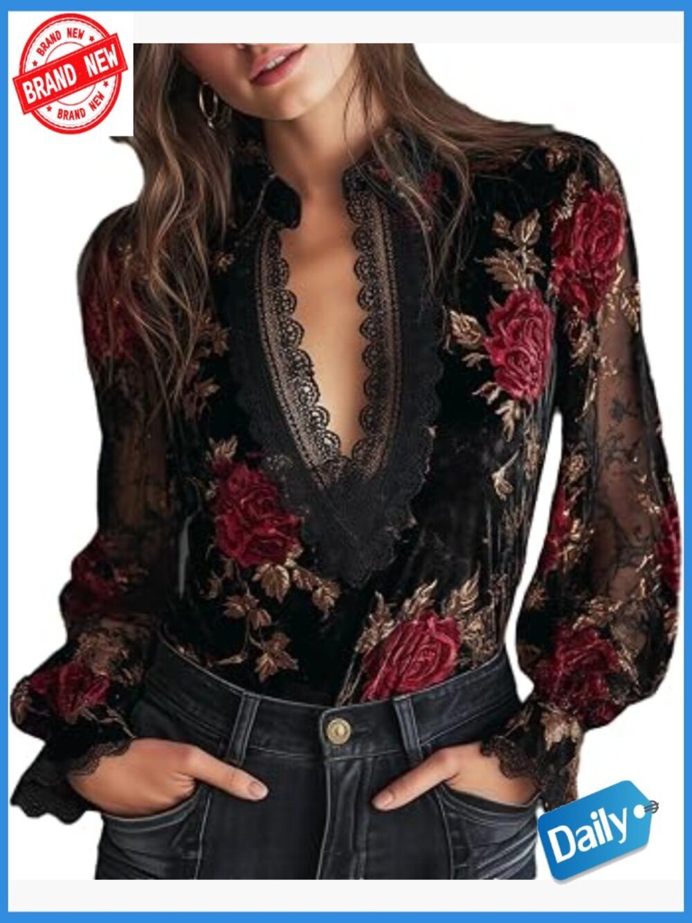 Long Sleeve Lace Patchwork Velvet Pullover Tunic Blouse Comfy Elegant